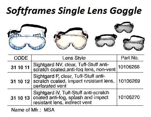 311011-GOGGLE SOFT FRAME SIGHTGARD NV, ANTI SCRATCH/FOG MSA 10106268