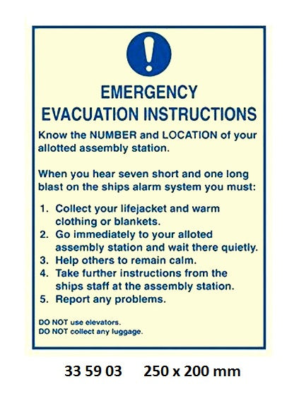 335903-SIGN EMERGENCY EVACUATION, INSTRUCTION 200X150MM