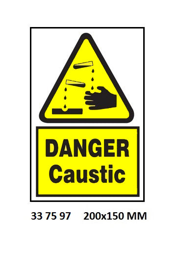 337597-SIGN WHITE VINYL SELF ADHESIVE, #7597 200X150MM DANGER CAUSTIC
