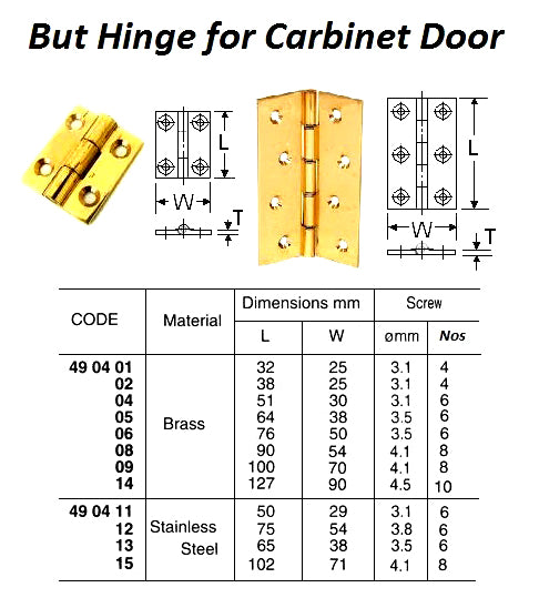 490406-BUTT HINGE FOR CABINET, BRASS L76XW50MM