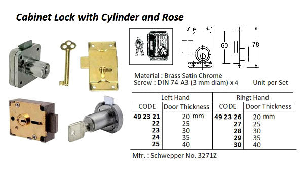 492326-LOCK CABINET W/CYLINDER #3271Z, DOOR TH20MM BACKSET 20MM RIGHT