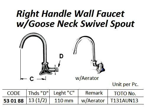 530186-WALL FAUCET COLD U UPPER SWIVEL SPOUT 1/2?-200 MM WATERLINE