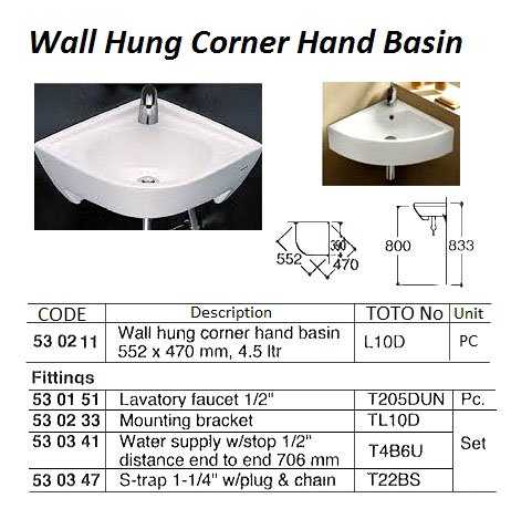 530211-HAND BASIN CORNER WALL HUNG, (L30D) 552X470MM 4.5LTR