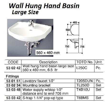 530242-HAND BASIN WALL HUNG (L250C), LARGE SIZE 560X460MM 6.5LTR