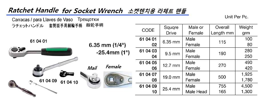 610403-RATCHET HANDLE MALE, 9.5MM/SQ DRIVE 190MM