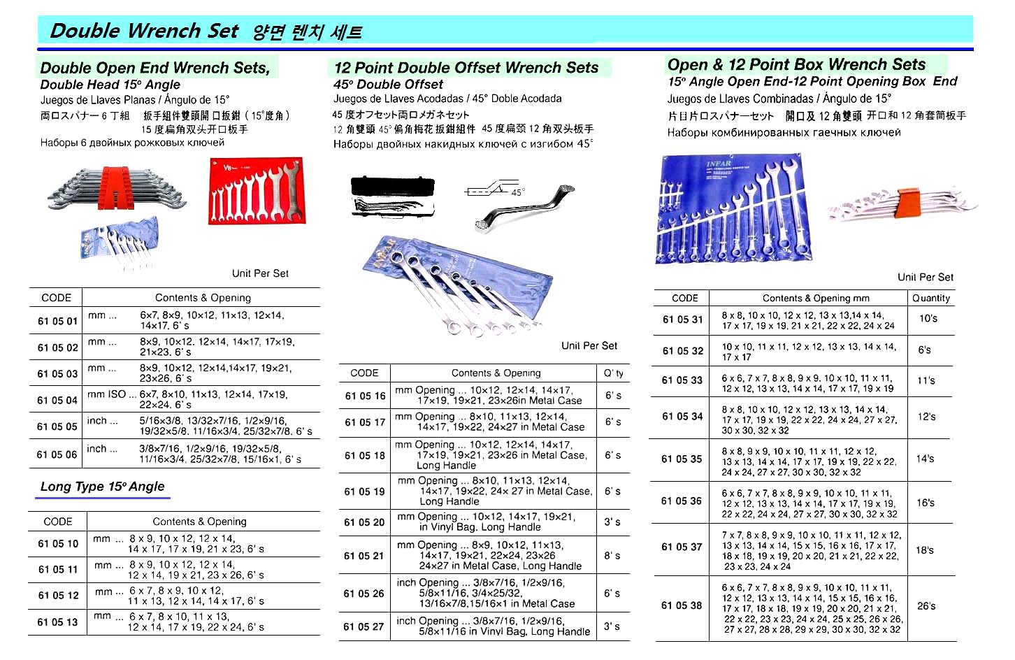 610512-WRENCH SET DOUBLE OPEN END, LONG #45M 6X7 TO 14X17MM 6?S