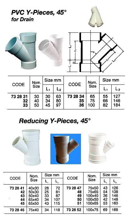 732852-Y-PIECE REDUCING PVC 45DEG, FOR DRAIN SIZE 100 X 75