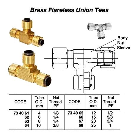 734065-UNION TEE FLARELESS BRASS, 12MMXPF1/2