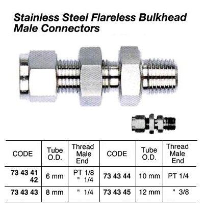 734344-CONNECTOR BULKHEAD MALE, STAINLESS FLARELESS 10MMXPT1/4