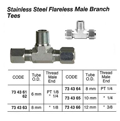 734366-BRANCH TEE MALE FLARELESS, STAINLESS STEEL 12MMXPT3/8