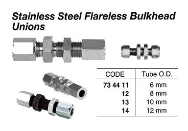 734413-UNION BULKHEAD STAINLESS STEEL, FLARELESS 10MM