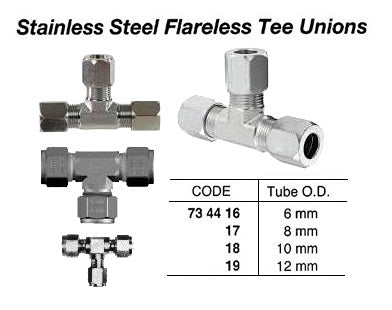 734419-TEE UNION STAINLESS STEEL 12MM, FLARELESS