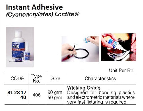 812817-GLUE CYANOACRYLATE LOCTITE 406, RUBBER BONDING 20GRM