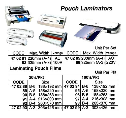 470285-LAMINATOR POUCH ELEC AC220V, MAX WIDTH 230MM (A-4)