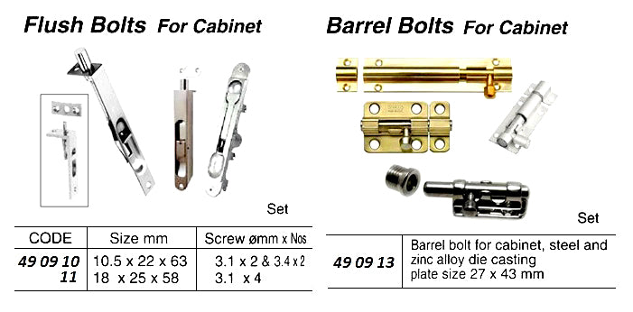 490913-BARREL BOLT FOR CABINET, PLATE SIZE 27X43MM