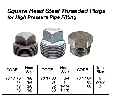 731786-PLUG SQUARE HEAD STEEL 3, THREADED FOR H.P. PIPE FITTING