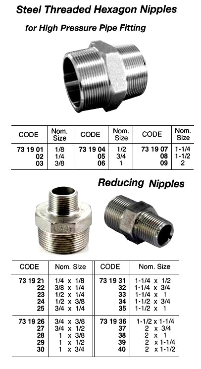 731938-NIPPLE HEXAGON REDUCING STEEL, THREADED 2X1 FOR H.P. PIPE