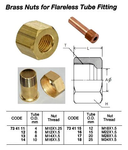 734118-NUT BRASS FOR FLARELESS TUBE, FITTING 25MM