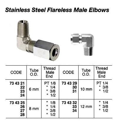 734326-ELBOW MALE STAINLESS STEEL, FLARELESS 8MMXPT1/4