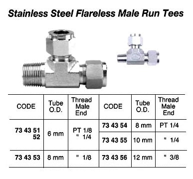 734351-RUN TEE MALE STAINLESS STEEL, FLARELESS 6MMXPT1/8