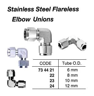 734424-ELBOW UNION STAINLESS STEEL, FLARELESS 12MM
